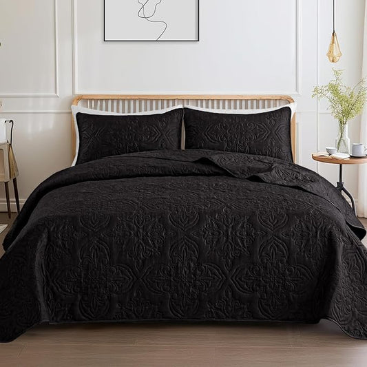 Whale Flotilla Queen Quilt Bedding Set Vintage Damask Reversible Bedspread | Suitable for Bed, 3 Pieces Black Lightweight Breathable Quilts Queen Size, Ultrasonic Coverlet Bed Cover with 2 Pillow Shams