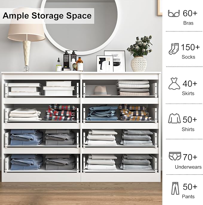 Vibe & Dine 8 Drawer Double Dresser, Modern Chest of Drawers with Wide Storage for Closet, Bedroom, Living Room, White