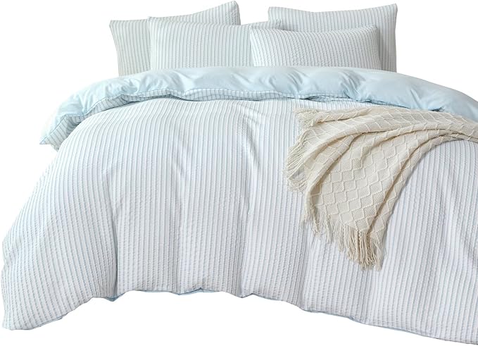 Comforter Queen Set Light Blue Striped Soft Luxury Washed Microfiber Jacquard 3 Pieces Bedding, White Light Blue Vertical Ticking Stripes Comforter with 2 Pillowcases Breathable Durable Comfy