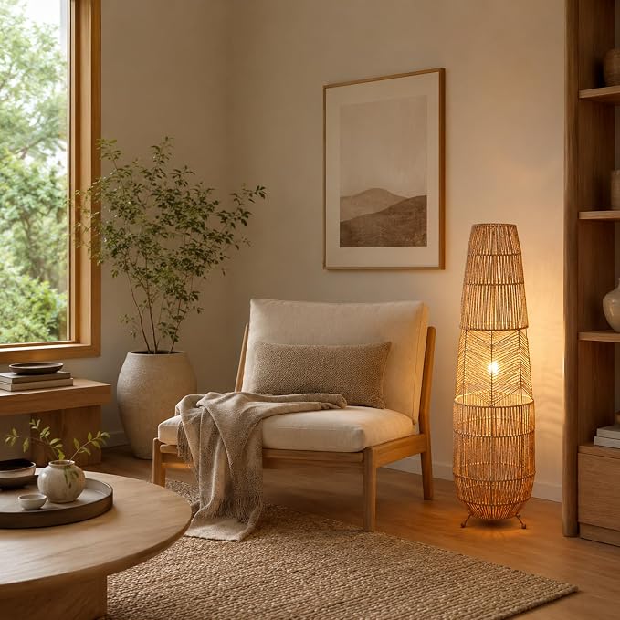 Hand Woven Rattan Floor Lamp,Boho Standing Lamps for Living Room | Handcrafted Wicker Shade,No Assembly Required,Unique Shadow Effects,Foot Switch Control,36 Inch Tall,3 Color Temperature