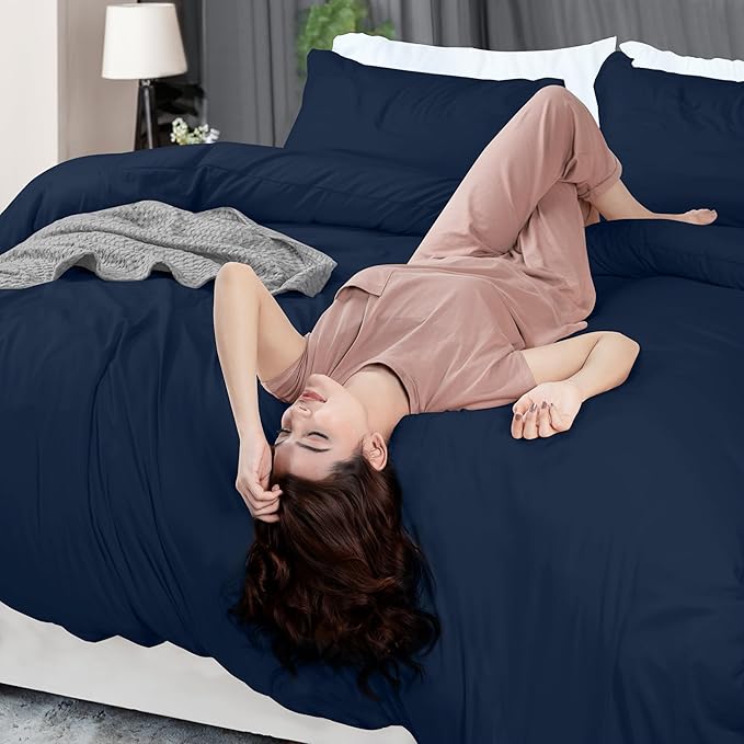 Duvet Cover Full, 3 Piece Cotton Like Polyester With Zipper Closure, Navy | Extra Soft and Breathable, Wrinkle & Fade Resistant, Includes Duvet Cover and 2 Pillow Shams, Comforter Not Included, OekoTex