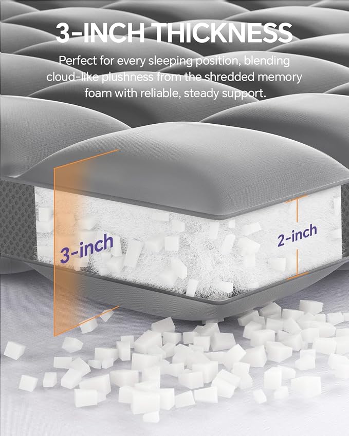 Dual Layer 5 Inch Memory Foam Mattress Topper Full | 3 Inch Pillow Top Mattress Pad Cover and 2 Inch Gel Memory Foam, 7-Zone Egg Crate & 2-in-1 Design (Gray)