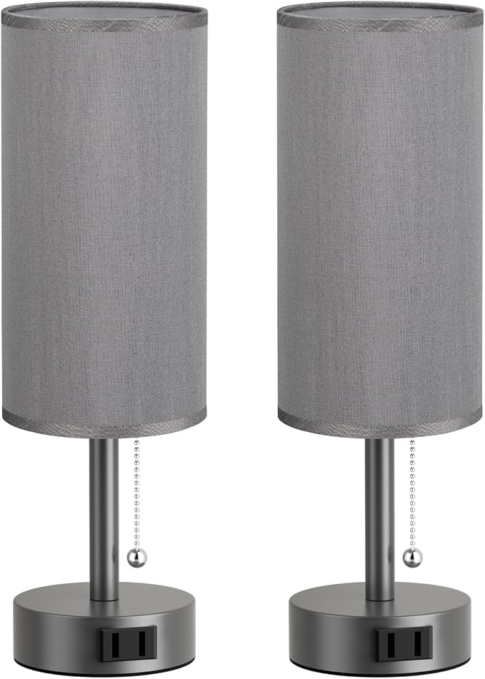 Dark Grey Bedside Table Lamps Set of 2 - Bedroom Lamp for Desk, AC Outlet | 3CCT(3000K/4000K/5000K), LED Bulbs Included, Dark Grey Fabric Lampshade, 14in Small Lamp for Nightstand, Guest Room, Dorm