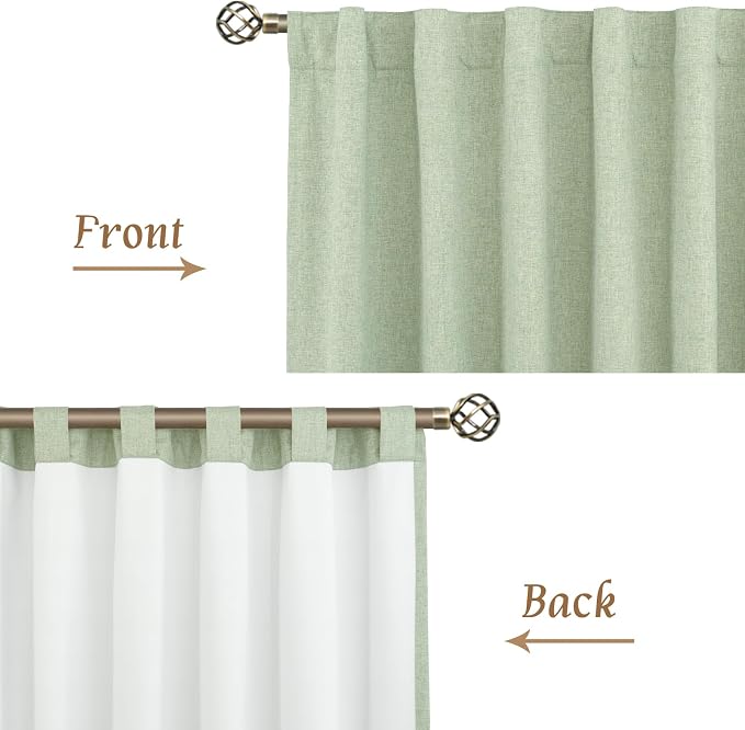 100% Blackout Natural Linen Curtains 72 Inches 2 Panels, Light Green | Room Darkening, Bedroom, Curtains for Living Room, Neutral Privacy Panels, Rod Pocket Back Tab, White Liner, 52 x 72 Inch