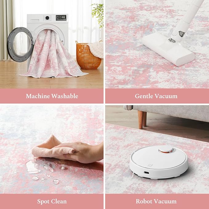 Rugflix 8x10 Area Rugs for Bedroom, Washable Pink Large Rug | Machine Washable; Stain-Resistant; Low Pile; Non-Slip; Modern Abstract; Carpet for Nursery Girls Room Living Office Home