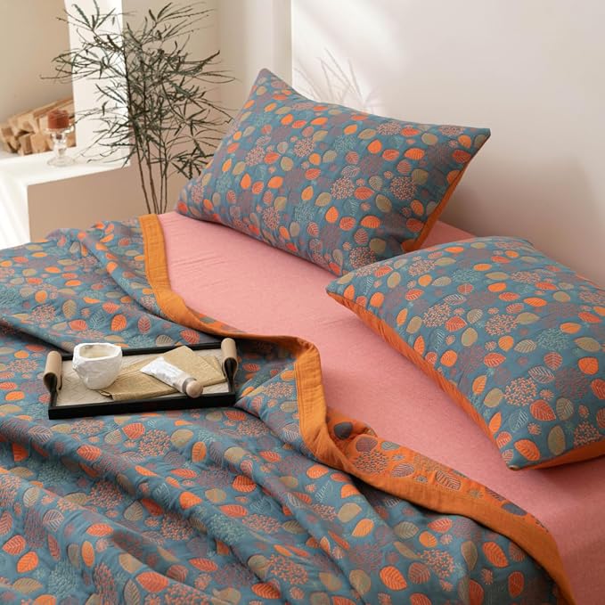100% Cotton Muslin Blanket Jacquard Rustic Floral Leaves Print Quilt, Soft Bed Cover 3 Layers Reversible Bedspread Coverlet Breathable Lightweight Bedding Twin(59"x94"), No Pillow Sham
