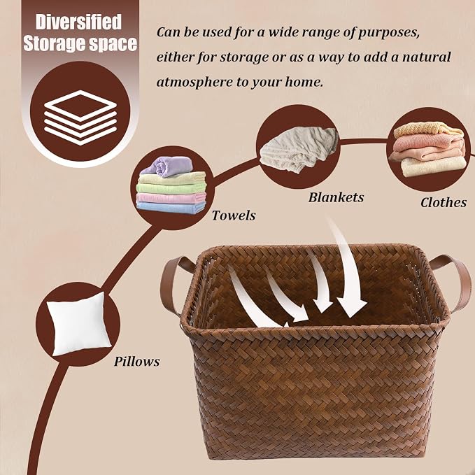 BROWNLILY Handwoven Clothes Basket Laundry Hampers Large Wicker Storage Baskets for Shelves Blankets Closet Storage Bins Car Bedroom Bathroom Organizers and Storage Bath (8, Brown)