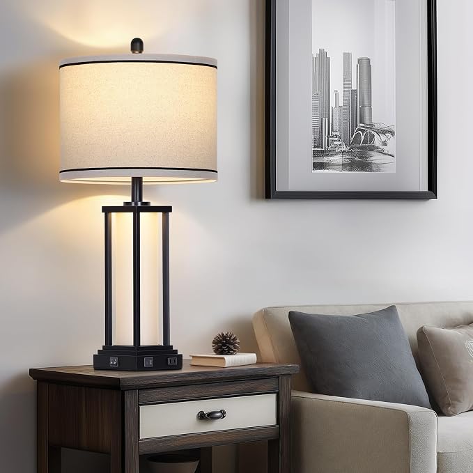 Cinkeda 27" Tall Vintage Table Lamp with USB C+A & Outlet,Black Industrial End Table Lamp for Living Room,Farmhouse Rustic Bedside Lamp with Frosted Glass Night Light for Bedroom Nightstand,Black-1P