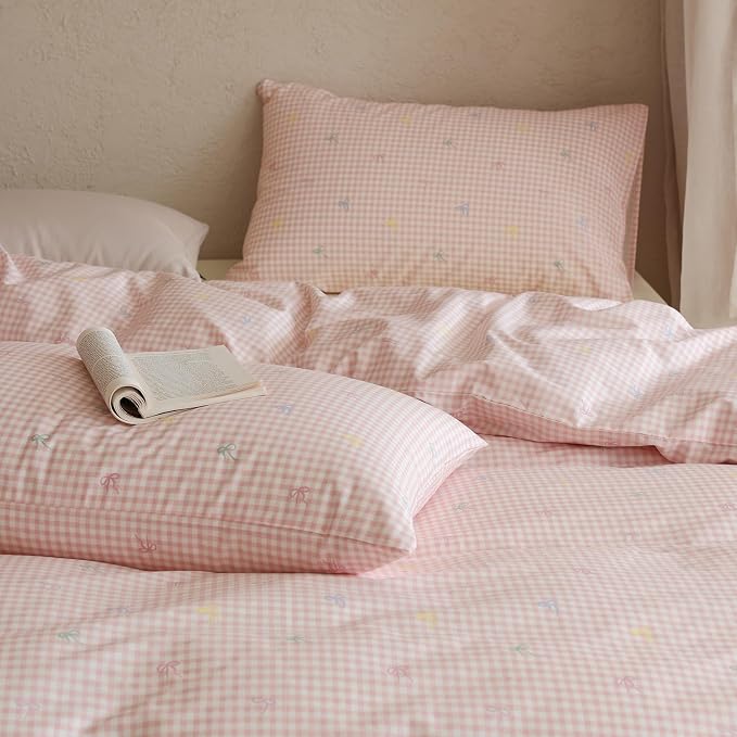 mixinni Gingham Duvet Cover Full Size, 100% Cotton Light Pink and White Gingham Bedding Set for Girls, Cute Bow Print Soft Aesthetic Cottagecore Bedding 3 Pieces (1 Duvet Cover + 2 Pillowcases)