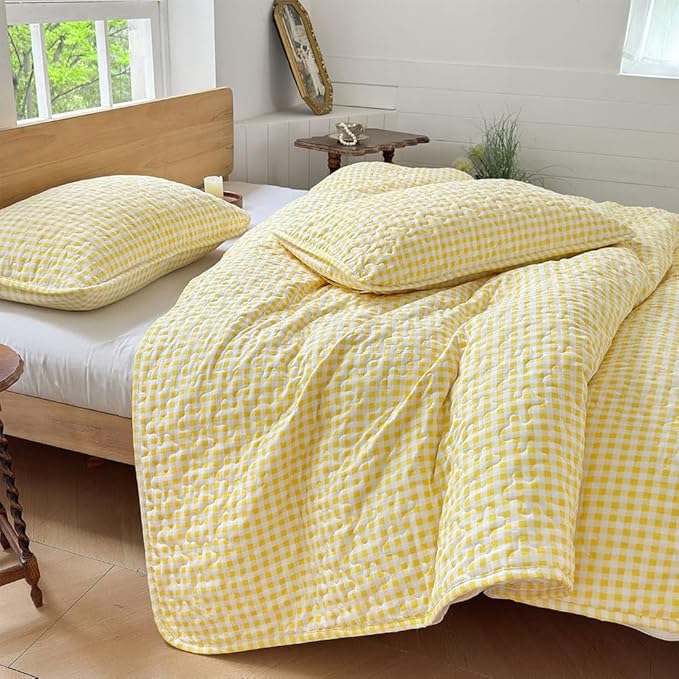 NSNLGSGC Yellow Gingham Queen Summer Bedspread Quilt Set | Pre-washed Microfiber,Lightweight Checked Grid Bedding Coverlets for All Seasons