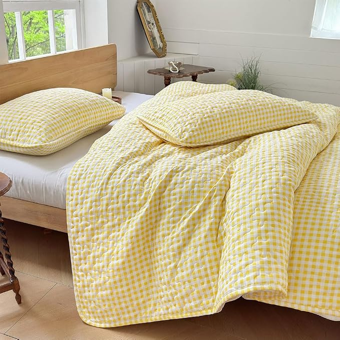 NSNLGSGC Yellow Gingham Twin Summer Bedspread Quilt Set | Pre-washed Microfiber,Lightweight Checked Grid Bedding Coverlets for All Seasons