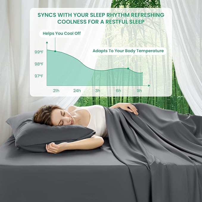 SONORO KATE 100% Viscose Derived from Bamboo_Sheets Queen Size,4PC | Cooling Bed Sheets for Hot Sleepers,Soft Breathable & Silky,16" Deep Pocket,Luxury Hotel Bedding,Dark Grey