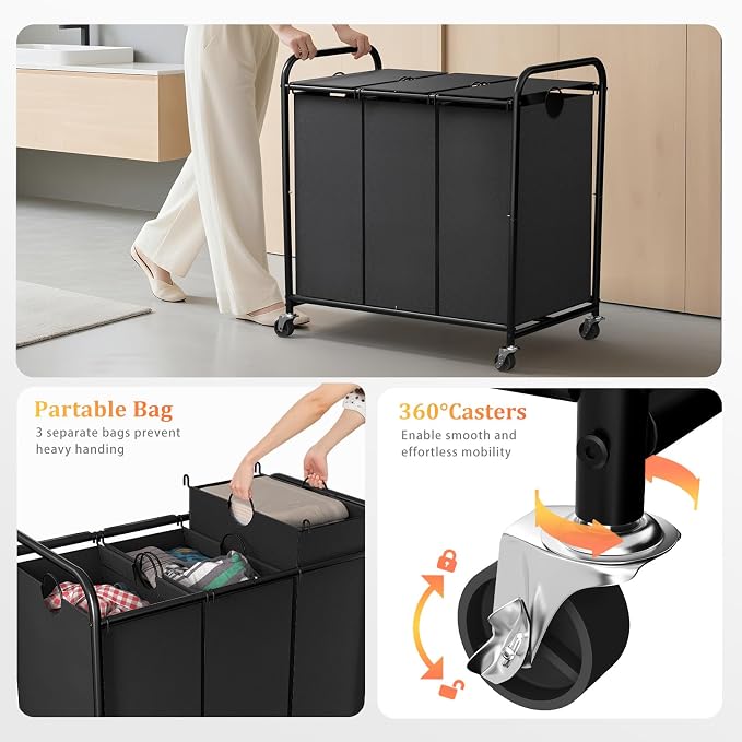 180L Laundry Sorter 3 Section, Rolling Laundry Basket with Wheels and Lid | 47.55 Gal Laundry Hamper, 3 Separated Removable Bags, Lockable Wheels, Dirty Clothes Hamper for Laundry Room Organizer, Black
