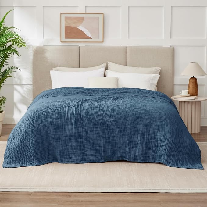 100% Cotton Muslin Blanket California King 120" x 90", 6 Layers Breathable and Lightweight Oversized Blankets for Bed, Soft Cooling Gauze Blanket for Adults All Season, Dark Blue