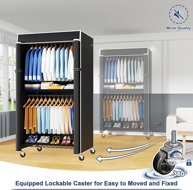 P8C Heavy Duty Clothes Rack（With Extended Width Design） Rolling Clothing Racks for Hanging Clothes with Lockable Wheels，31.5" W x 15.8" D x 80.5" H，Max Load 600LBS，Black Rack with Black Cover