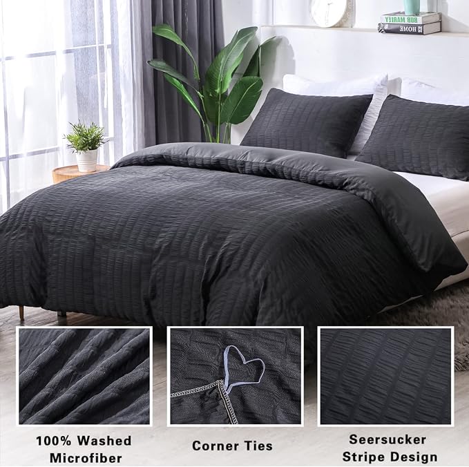 AveLom Seersucker Duvet Cover Set King Size (104 x 90 inches), 3 Pieces (1 Duvet Cover + 2 Pillow Cases), Black Ultra Soft Washed Microfiber, Textured Duvet Cover with Zipper Closure, Corner Ties
