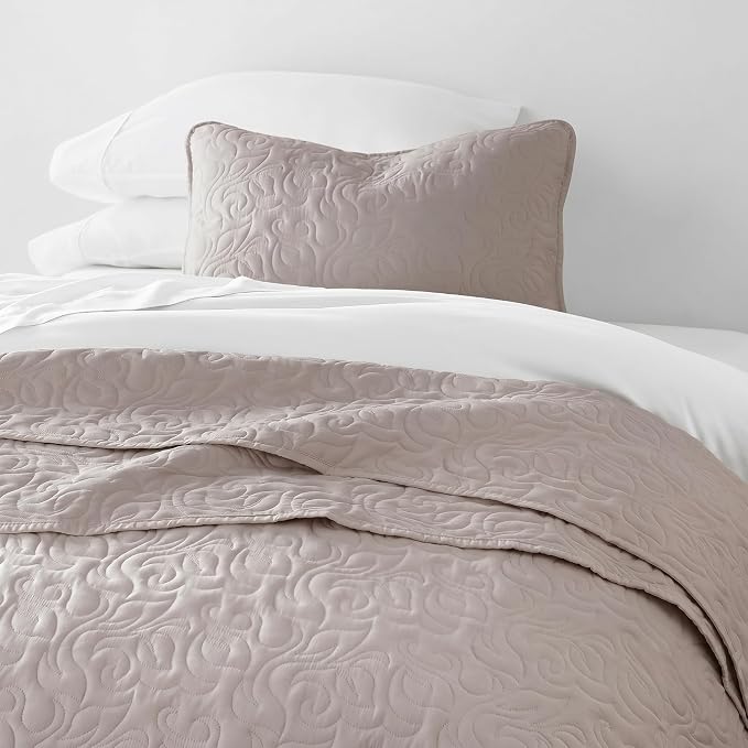 Merit Linens Modern Quilt Coverlet Soft Set in Floral Stitching - Twin/TwinXL Latte