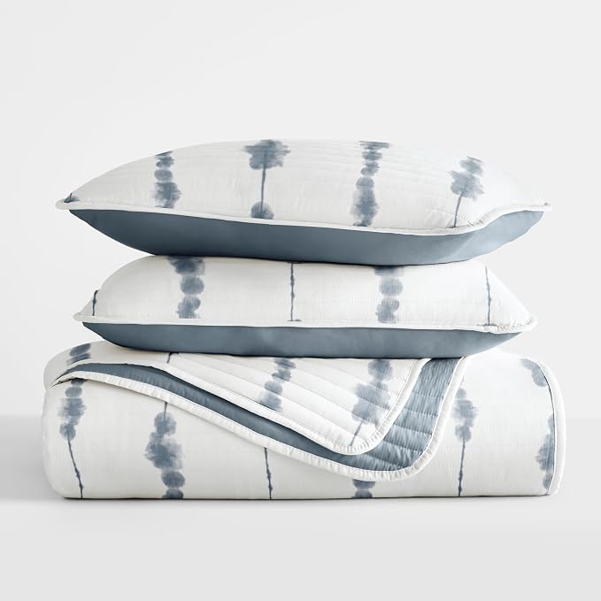 Merit Linens Soft Quilt Coverlet Bedding Set - Pattern/Solid Reversible - Full/Queen Navy