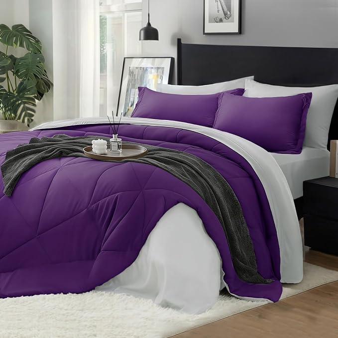 BEDELITE King Comforter Set 7 Pieces, Reversible Purple Bed in A Bag | Soft All Season Down-Alternative Comforter, Sheets, Pillowcases & Shams, OEKO-TEX Certified Bedding for Bedrrom, Guest Room