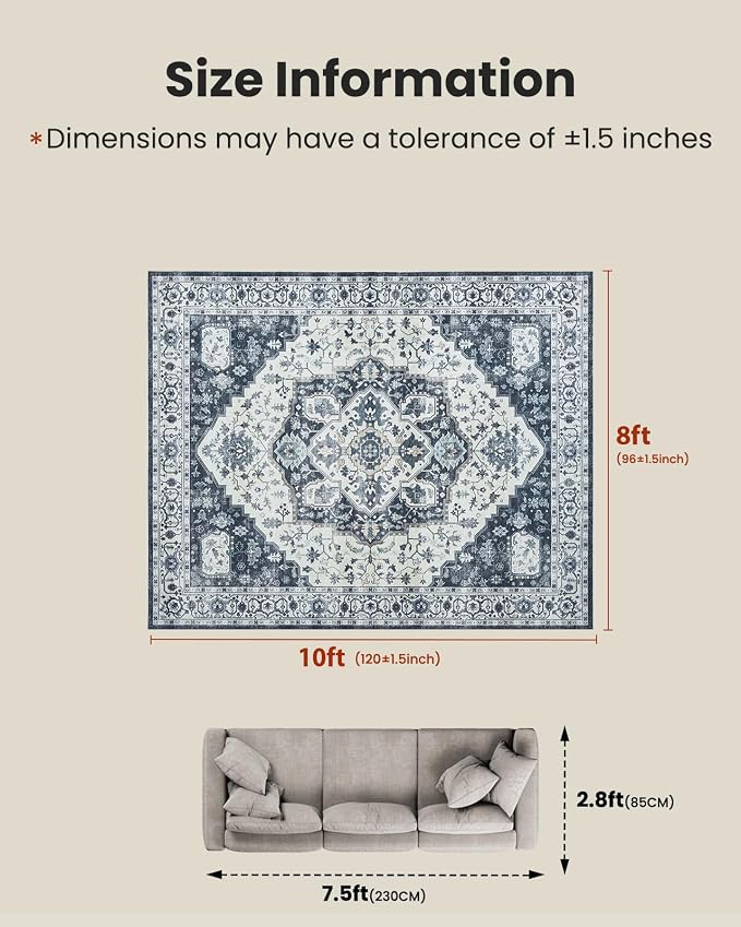 AMADA HOMEFURNISHING 8x10 Area Rug, Washable Low-Profile Large Area Rug with Non-Slip Backing & Durable Edge Binding, Vintage Large Rugs for Living Room, Bedroom