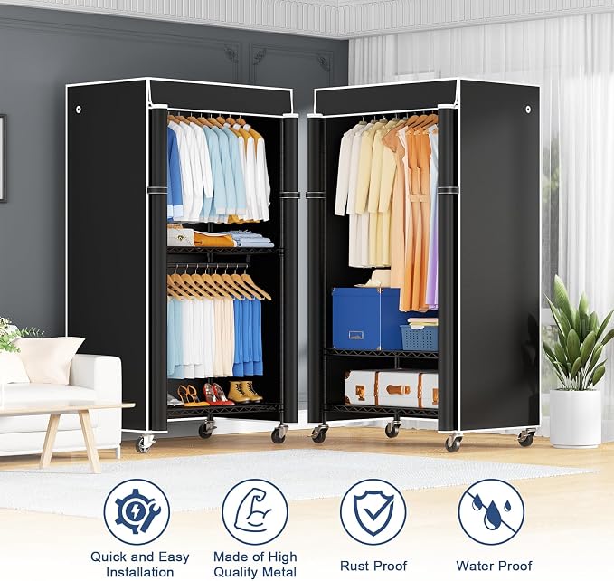 P8C Heavy Duty Clothes Rack（With Extended Width Design） Rolling Clothing Racks for Hanging Clothes with Lockable Wheels，31.5" W x 15.8" D x 80.5" H，Max Load 600LBS，Black Rack with Black Cover