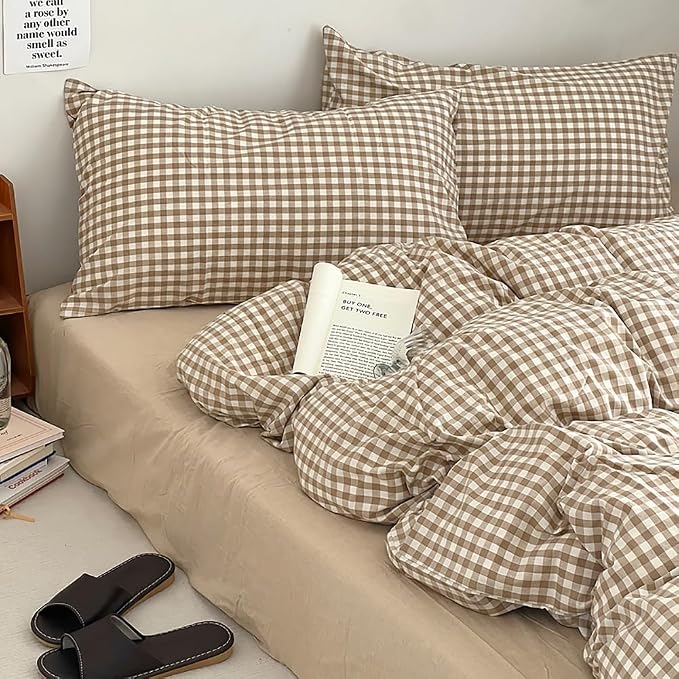 Nayoroom Brown Gingham Duvet Cover Set King Tan Plaid Checkered Bedding | Soft Breathable Washed Microfiber, All-Season Comfort, Hidden Zipper, 4 Corner Ties, Modern Farmhouse Cottage, Dorm Bedding