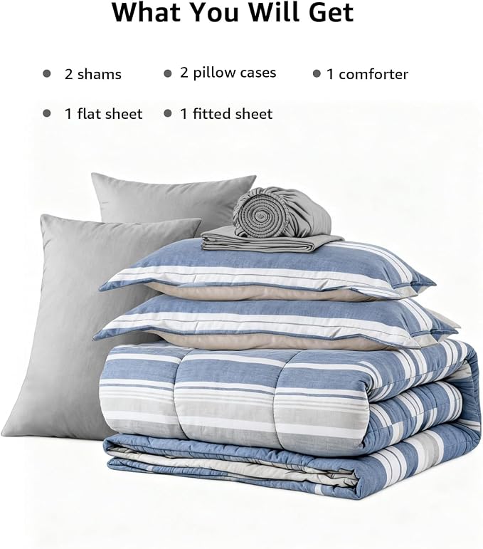 Monbix Queen Comforter Set-7 Pieces Striped Bed in a Bag Queen Bedding Sets | All Season Ocean Blue Reversible Soft Comforter Bed Set with Sheets, Pillowcases & Shams