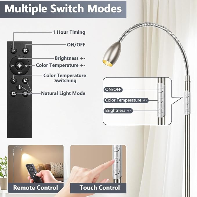 Reading Floor Lamp, 72" LED Dimmable Lamp with Gooseneck,Zoomable Spotlight | Adjustable Color Beam Standing Lamp, Touch & Remote Control, Task Craft, Sewing, Bedroom Living Room, Office, Brushed Nicke