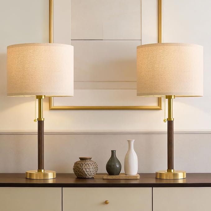 Wood Table Lamps 22" Mid Century Modern Lamps for Bedroom Living Room Lamps | Pull Chain Lamps Set of 2, Walnut Mcm Bedside Lamps for Night Stands, Vintage Small Side Table Lamps Buffet Nursery Decor