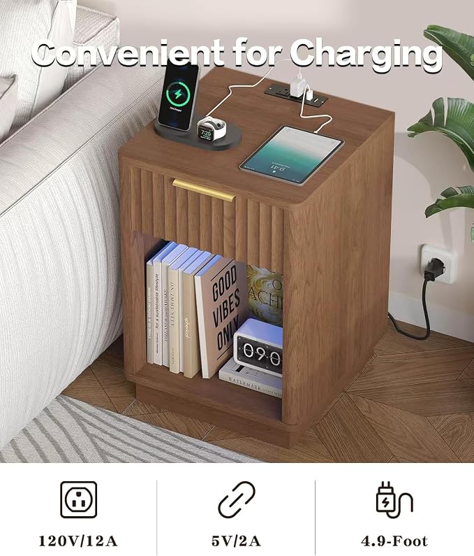 Akxomel Fluted Nightstand Set 2 Bedside Table with Charging Station Walnut | Wooden Side Table with LED Light, Modern Mid Century End Table with Drawer, 15" D x 15.7" W x 22.6" H, for Bedroom