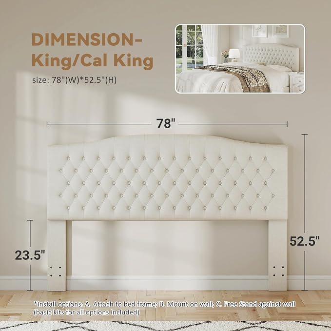 King Headboard Only, Linen Classic Tufted Design, Ivory | 2 installation options: 1.bed frame mount 2.wall mount (for adjustable bed), Classic hand-tufted headboard king size