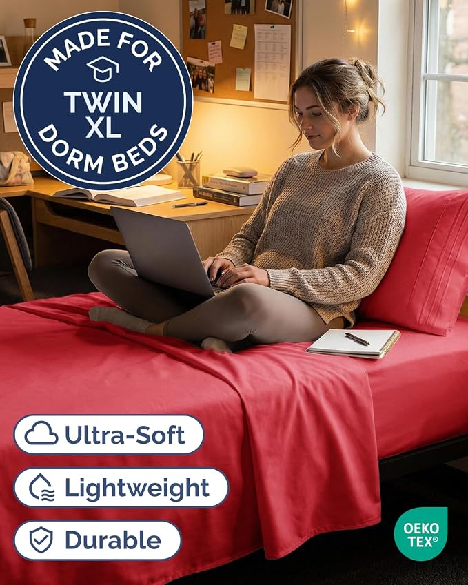 Twin XL 3 Piece Sheet Set - College Dorm Room Essentials - Red | Deep Pocket Bed Sheets for Women, Men, Teens & Students, Soft, Cooling, Breathable & Wrinkle Free, Oeko-Tex Bed Sheet Set