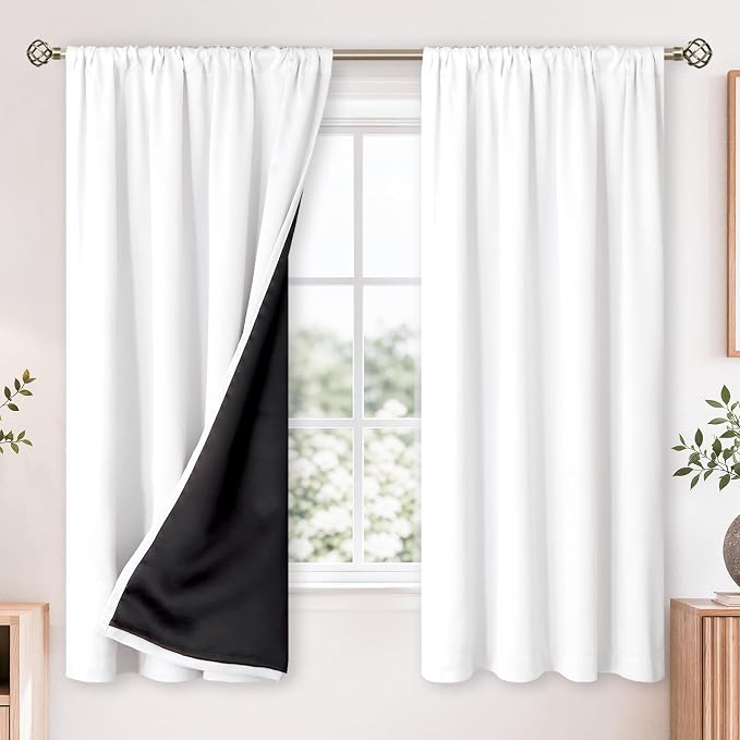 BGment White Blackout Curtains for Bedroom 63 Inch Long 2 Panels | Thermal Insulated Black Out Curtains, Room Darkening Soundproof, Rod Pocket Window Curtains for Living Room, 52 x 63 Inch