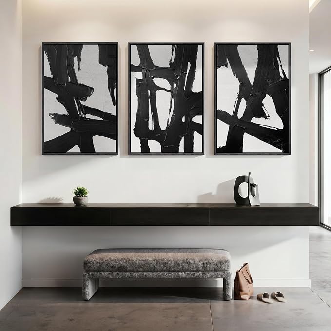 Large Framed Black and White Abstract Wall Art for Living Room, 24x36 Inch | Modern Paintings, Minimalist Pictures, Black White Artwork, Canvas Prints, Wood Frames, Bedroom Office Hallway Wall Decor