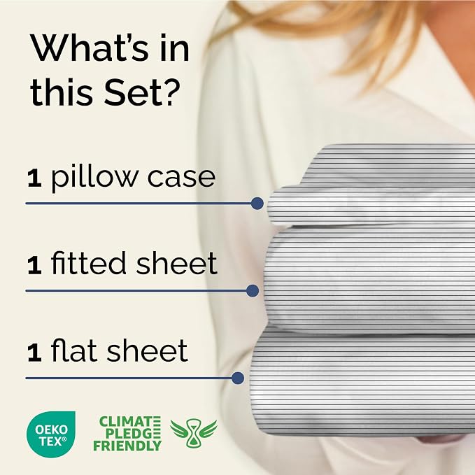 Twin XL 3 Piece Striped Sheet Set - Soft, Breathable & Cooling - Fine Lines | 1 Flat, 1 Fitted & 1 Pillowcase w/ Deep Pockets, Luxury Striped Bedding, Soft, Breathable & Cooling, Wrinkle & Fade Free