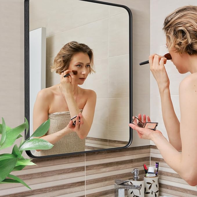 NEWBULIG Bathroom Mirror for Over Sink, 30X40 Inch Wall Vanity Mirror | Wall Mount, Tempered Glass, Anti-Rust Metal Framed, Rounded Rectangle, Farmhouse Home Decor, Black