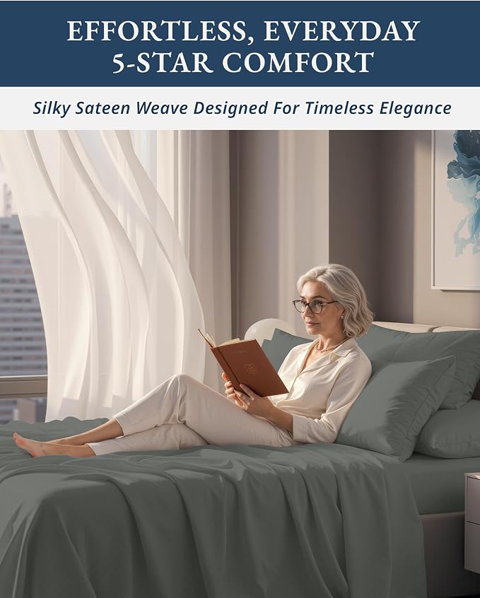 LANE LINEN Rest Sheets Cooling Set King Egyptian Cotton Sateen - Dark Grey | 100% Cotton King Size Sheets - 4-Piece Set, For Guests And Everyday Use, For A Silky Hotel-Style Bed, Luxe Sheen
