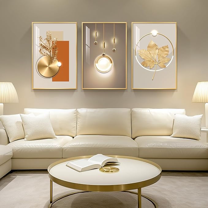 Cuspin Large Modern Luxury Wall Art for Living Room, 3 Piece 24x36 In | Soild golden framed prints, Crystal coating wall paintings, Big geometric wall art for bedroom dining room hallway