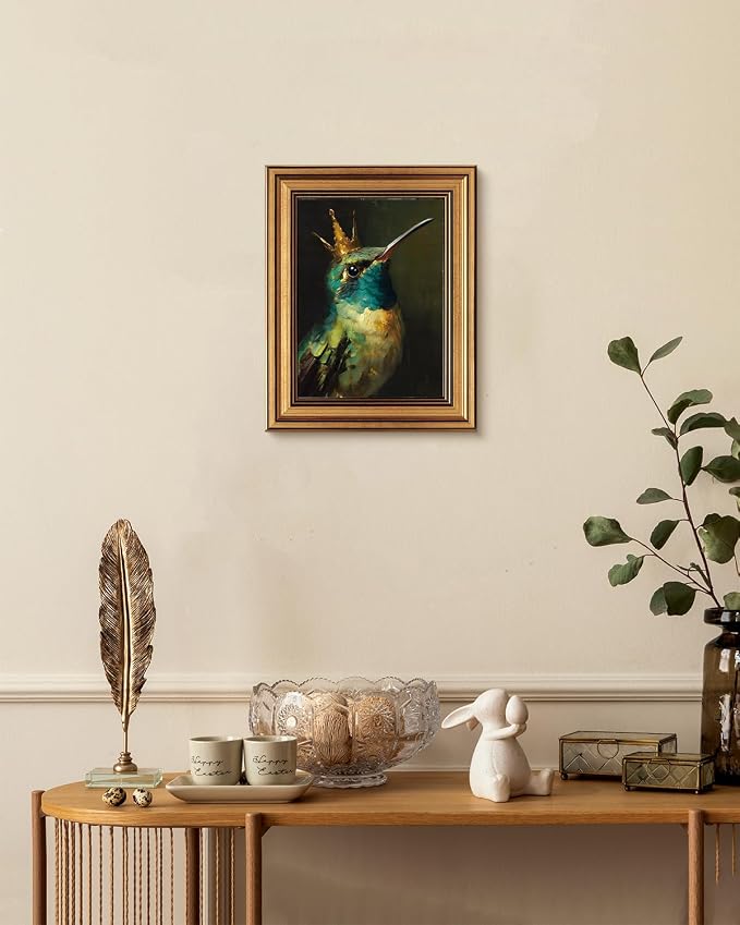 VIYYIEA Vintage Gold Framed Wall Art for Living Room, Hummingbird Canvas Prints Home Decor, Oil Painting Picture, Bedroom Wall Decor Gifts for Friends or Family -【King of Hummingbirds】-(10L x 8W)