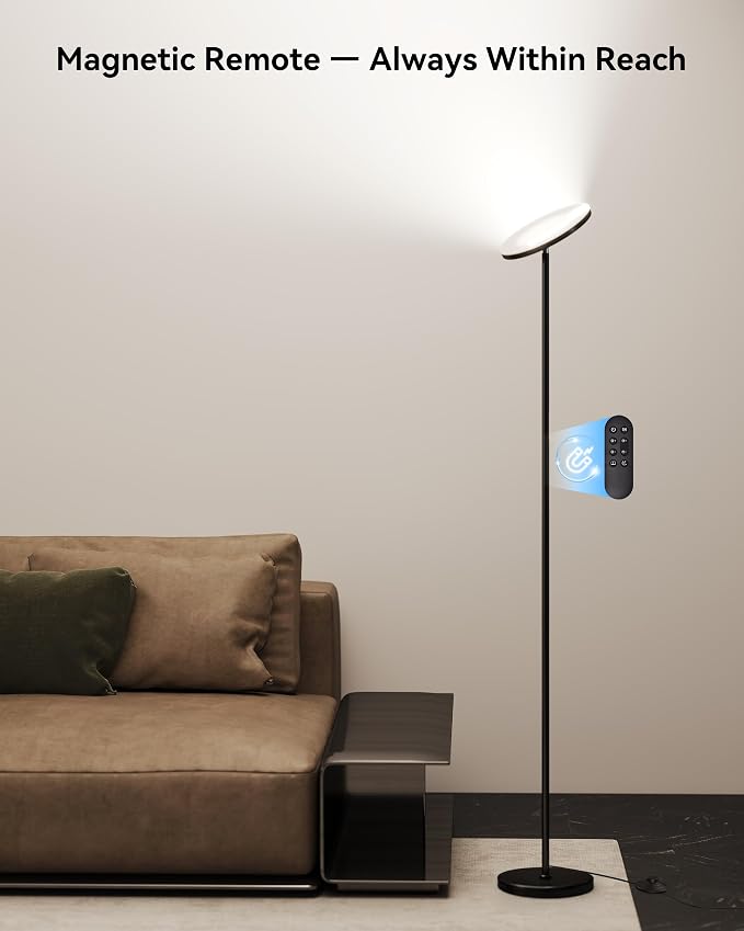 LED Torchiere Floor Lamp with Remote, Stepless Dimmable Standing Lamp | Super bright uplight fills ceilings and dark corners for living rooms, bedrooms, home offices, reading nooks and apartments