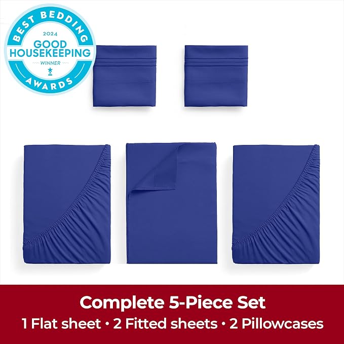 Mellanni Iconic 5-Piece, Ultra Soft Sheet Set (Split King, Royal Blue) | 10M+ Sleepers. Lab-tested: Sleeps Cool, Stays Bright, Strong, Smooth. Good Housekeeping Best Bedding, 7 yrs running.