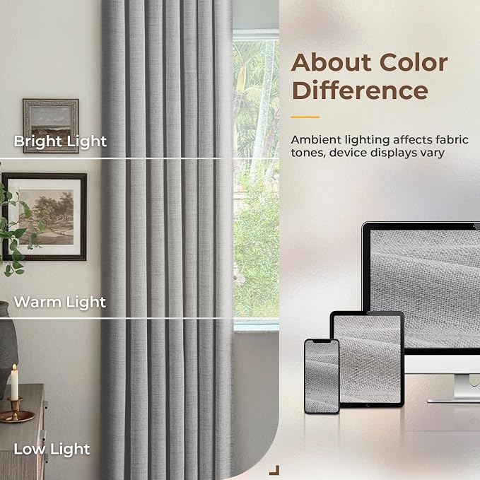 INOVADAY 100% Blackout Curtains for Bedroom Black Out Curtains 96 Inch Long | Grey Curtains for Living Room 2 Panels, Clip Rings Linen Look Blackout Drapes, Thermal Insulated Room Darkening,W50xL96