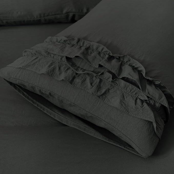 Bedorm Black Duvet Cover Twin Pleated Ruffled Bedding Set Shabby Chic Lace Ruffle Fringe French Country Room Decor Super Soft Cozy Black Boho Duvet Cover Sets