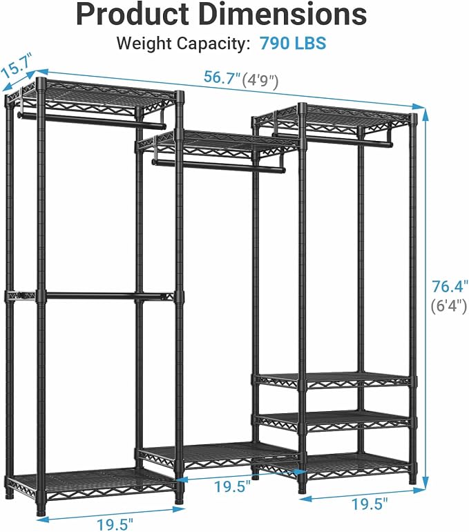VIPEK V5 Medium Freestanding Clothes Rack, Modular Closet System, Black | 790 lbs Load, 4 x 19.5 in hanging rods, 8 x shelves (2 adjustable), Supports expansion with accessories