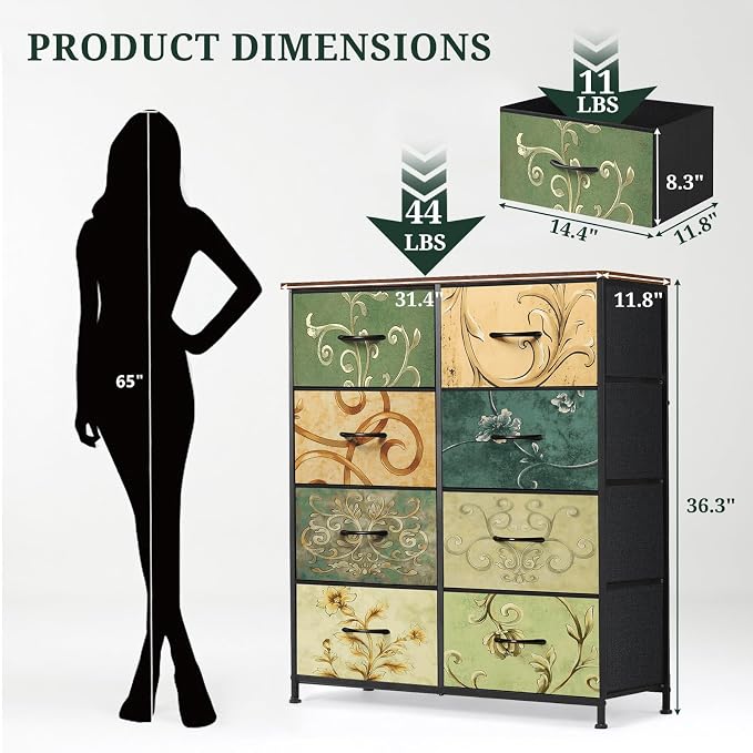 8-Drawer Dresser for Bedroom, Anti-Tip Tall Storage Organizer | Chest of Drawers with Wooden Top and Metal Frame Fabric Bins for Closet, Living Room, Hallway, Entryway, Floral Painted