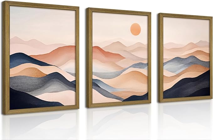 Vintage Abstract Mountain Wall Art Set of 3 Canvas, Neutral Desert Landscape Framed Poster, Retro Boho Painting for Farmhouse Home Decor, Sunrise Nature Print Picture Living Room Bedroom 16x24 Inch