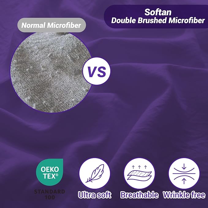Softan Microfiber King Sheet Set with Non-Slip Corner Straps, Purple | 15" Deep Pocket Fitted Bed Sheets, Double Brushed Microfiber, Sheets & Pillowcase for All Season
