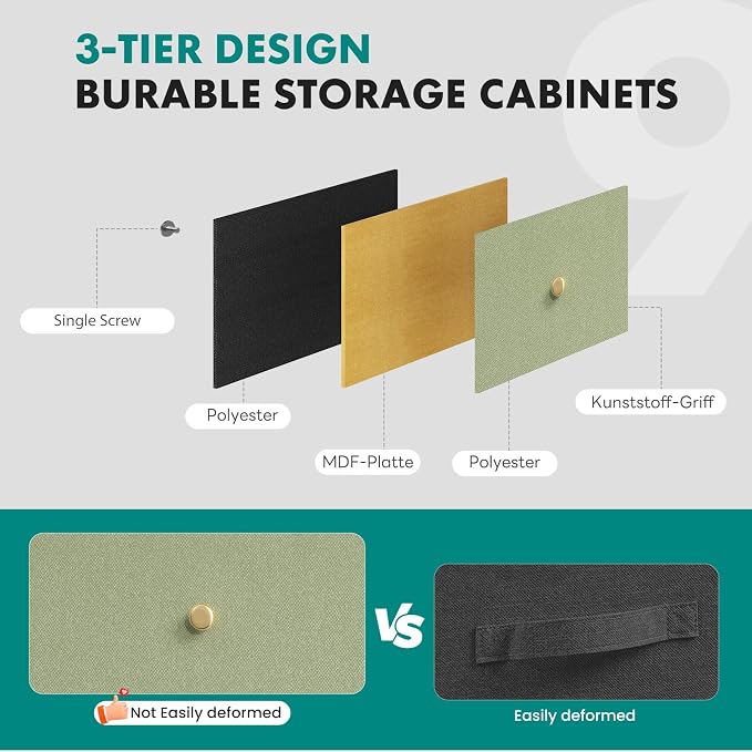 DUMOS 9 Drawer Dresser for Bedroom, Storage Organizer Chest of Drawers | Fabric Bins Storage Tower with Sturdy Metal Frame, Wood Tabletop for Closet, Light Green