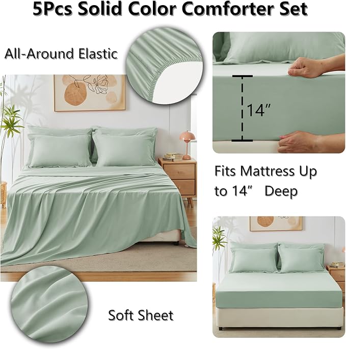 Twin XL Comforter Sage Green, 5 Pieces Bed in a Bag | College Dorm Essentials, OEKO-TEX Certified, 240GSM Down Alternative Comforter, Flat & Fitted Sheets, Pillowcase & Sham