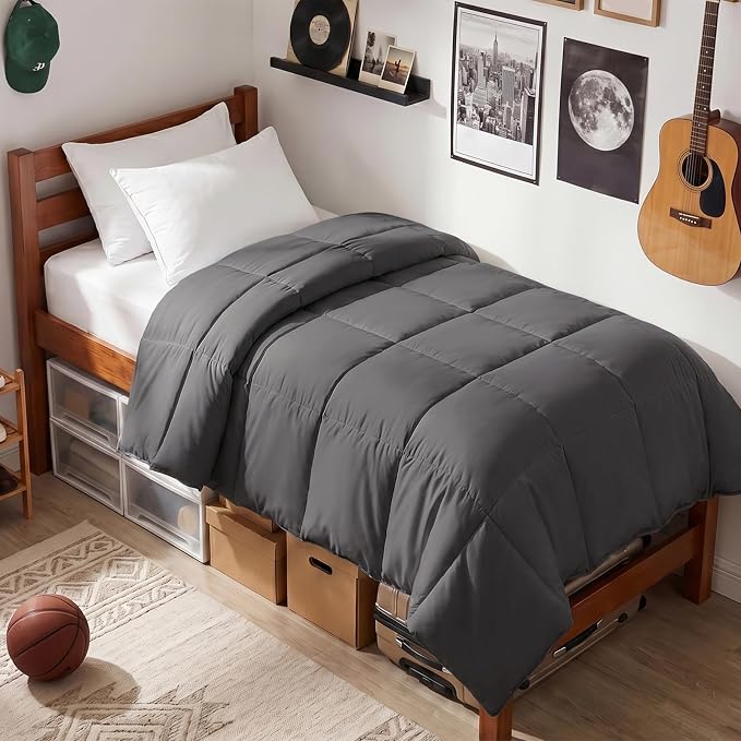 EASELAND Twin/Twin XL Down Alternative Comforter, Dark Grey, 64x88 Inches | Quilted Duvet Insert for College Dorm, Soft Lightweight Bedding with Corner Tabs, Breathable Machine Washable Dorm Essentials